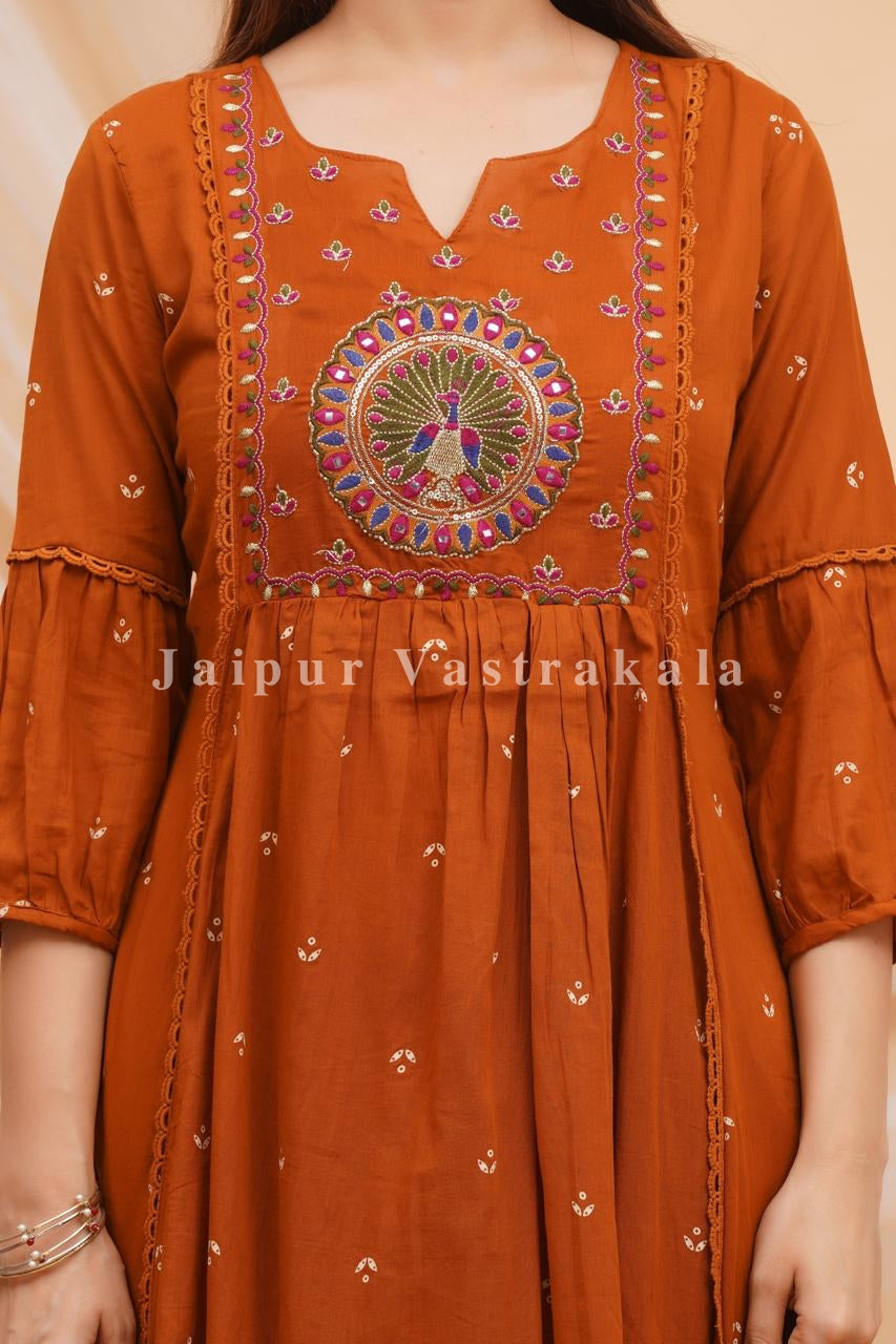 Rust Peacock Shimmer Embroidery Anarkali Suit