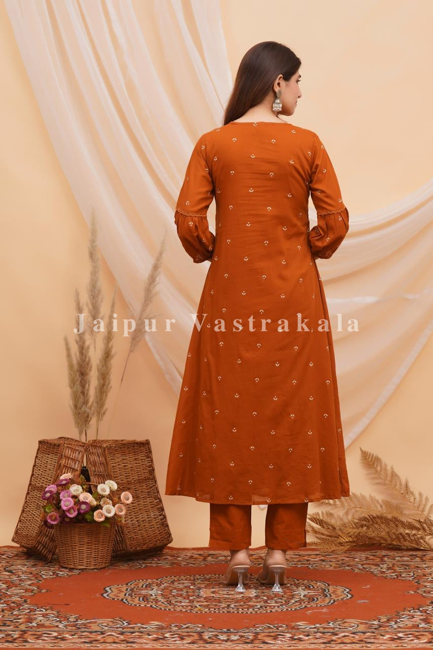 Rust Peacock Shimmer Embroidery Anarkali Suit