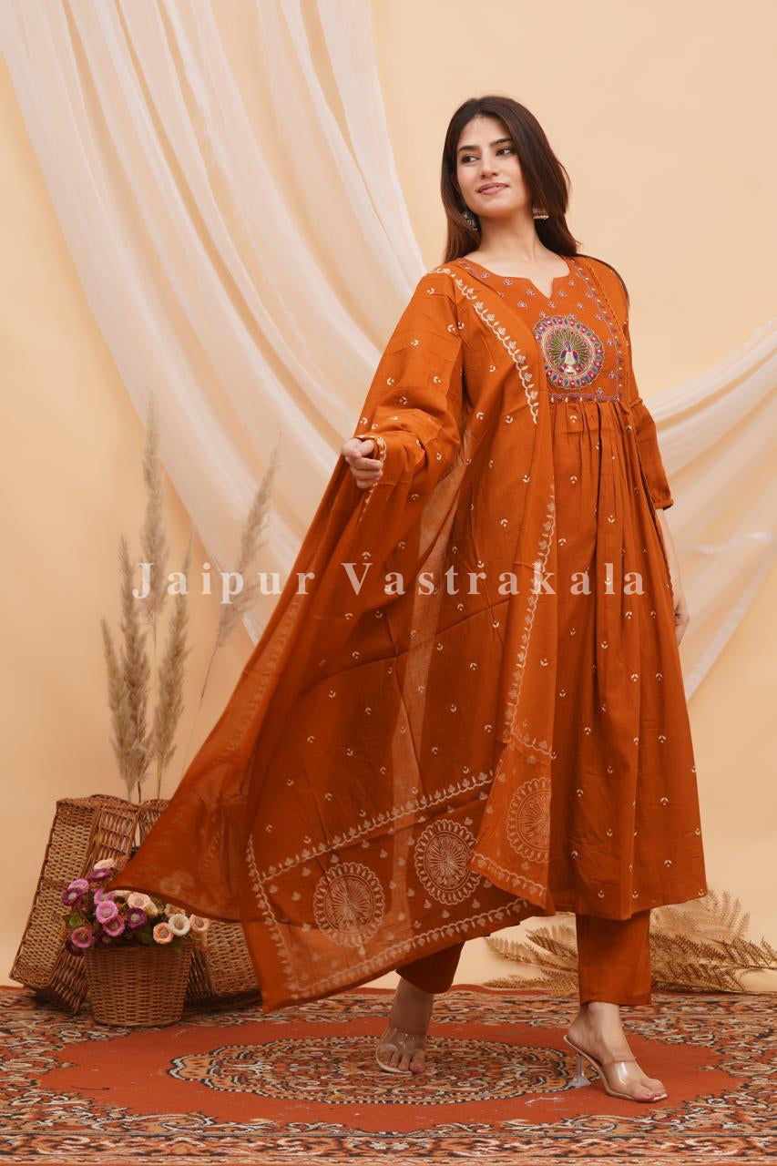Rust Peacock Shimmer Embroidery Anarkali Suit