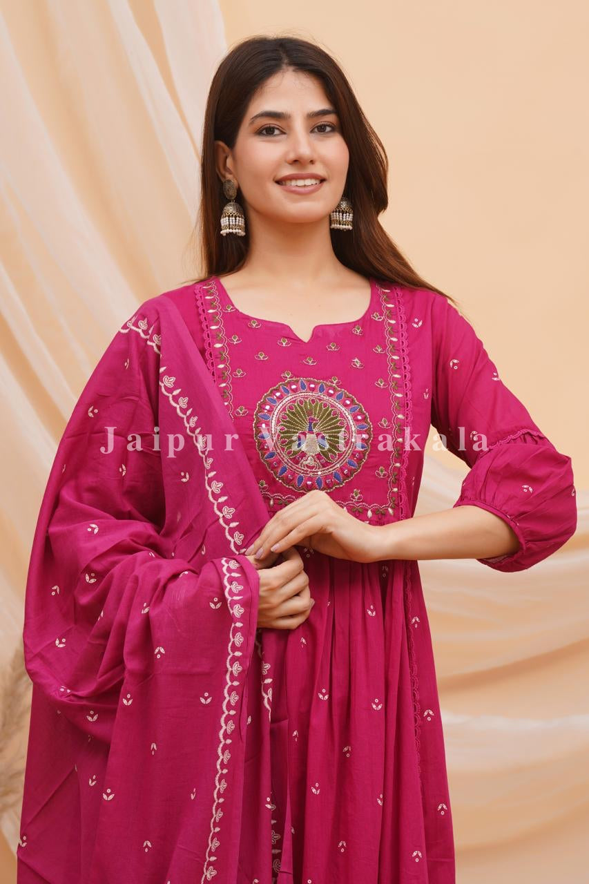 Pink Peacock Shimmer Embroidery Anarkali Suit