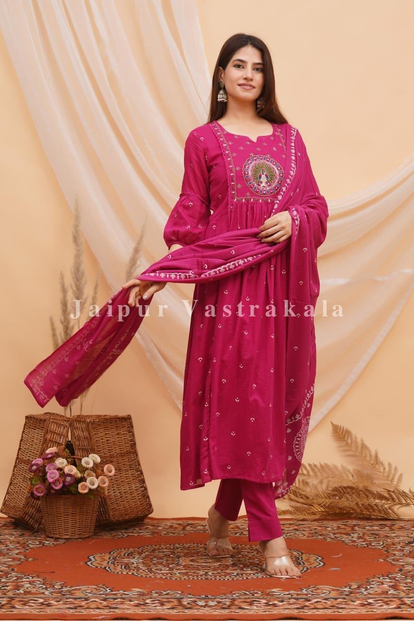 Pink Peacock Shimmer Embroidery Anarkali Suit