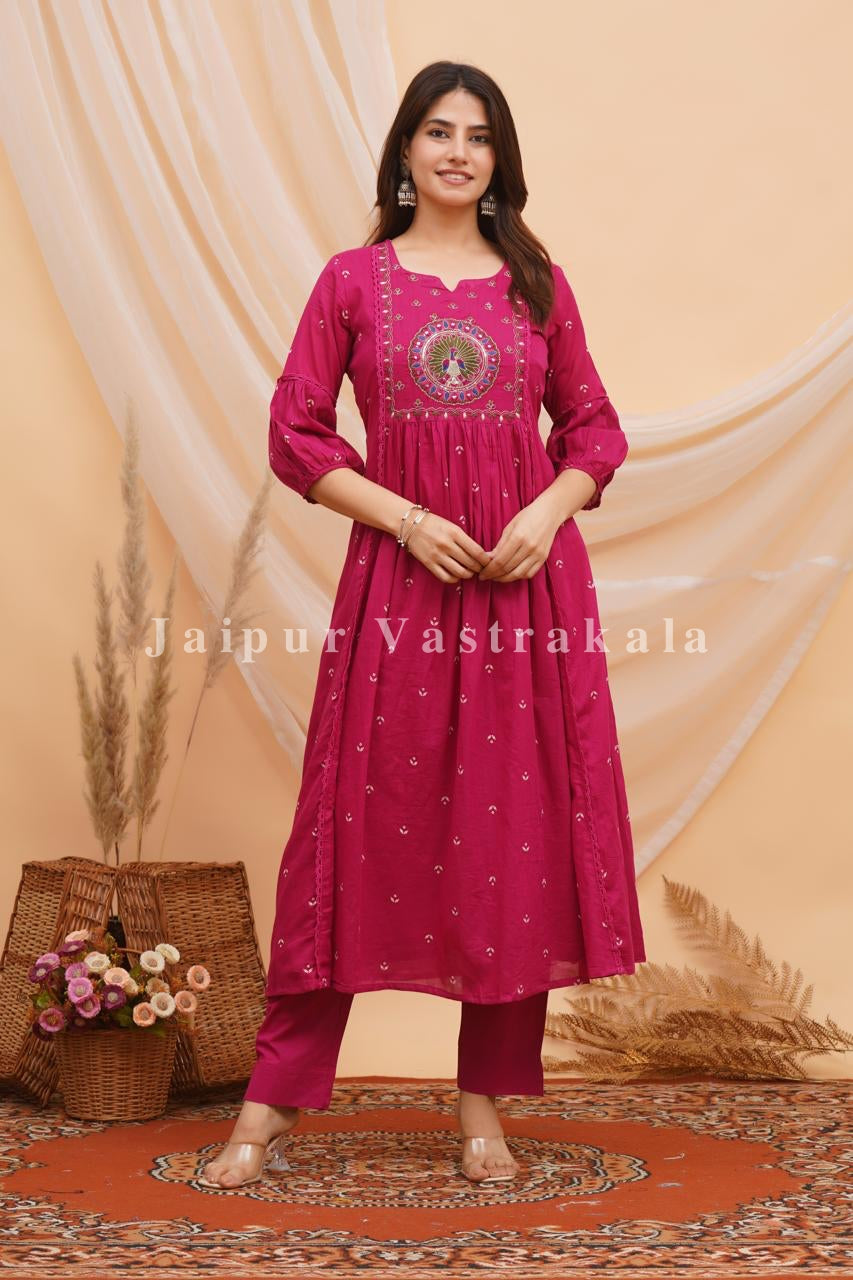 Pink Peacock Shimmer Embroidery Anarkali Suit