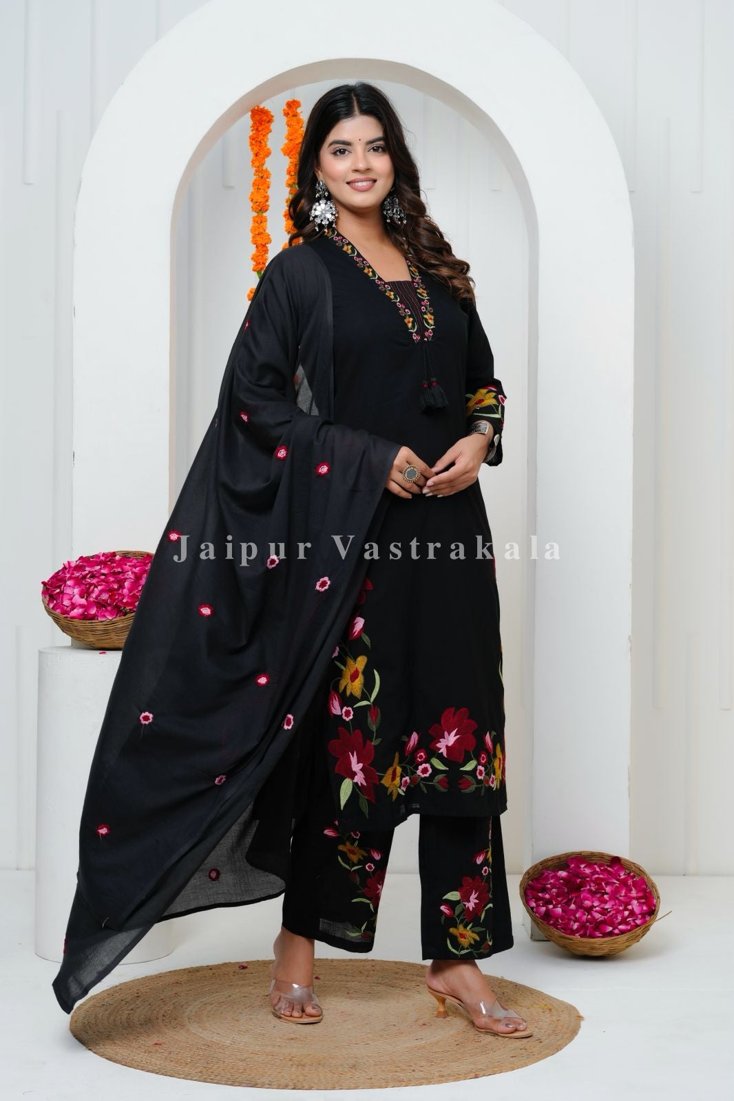Black Floral Embroidery Cotton Dupatta Set