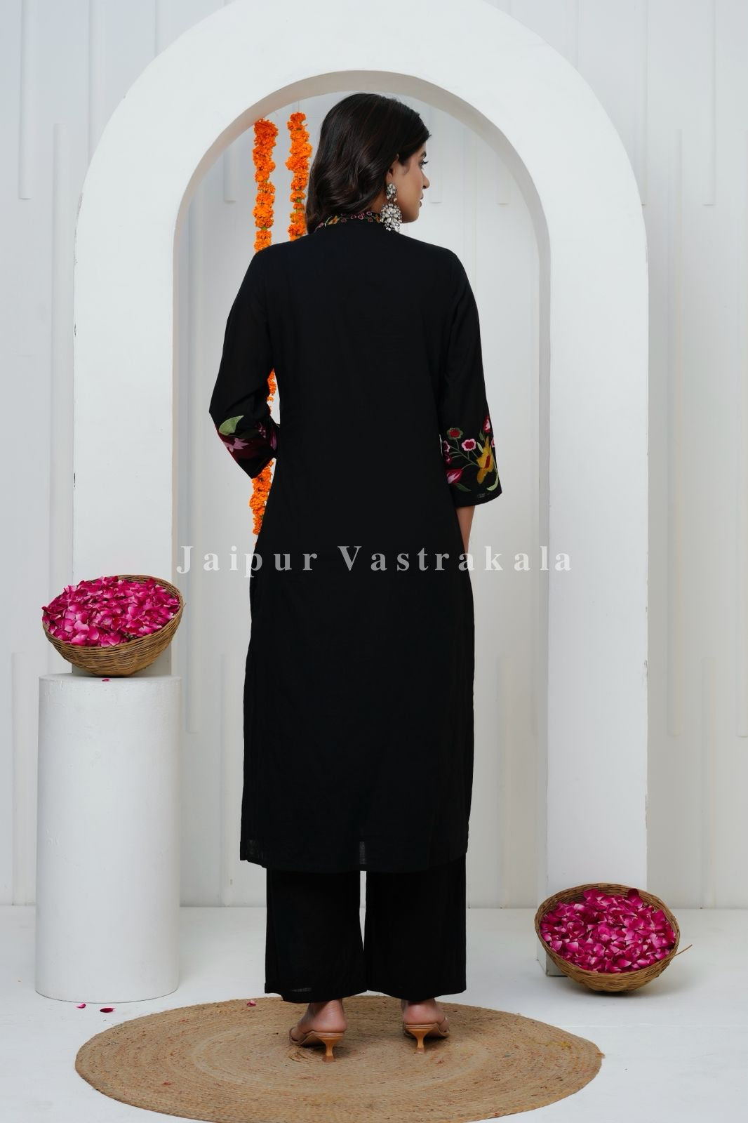 Black Floral Embroidery Cotton Dupatta Set