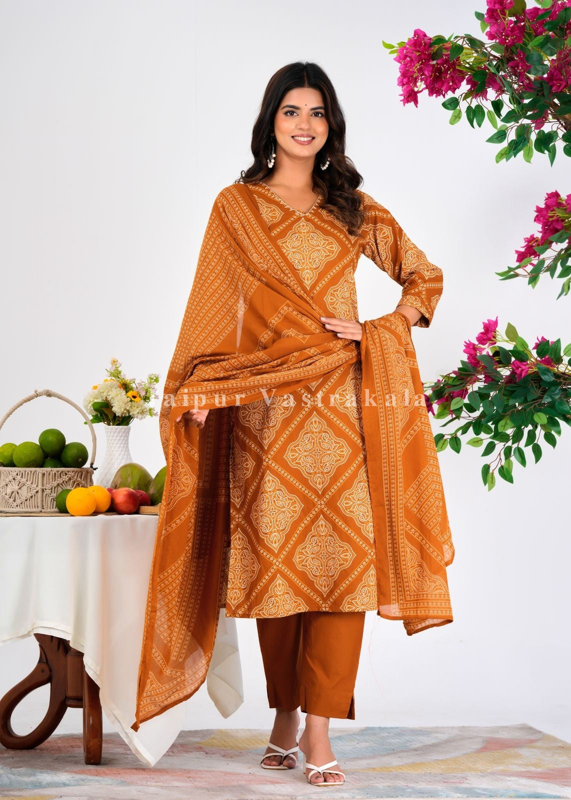 Mustard Bandhej Fusion Cotton Dupatta Set