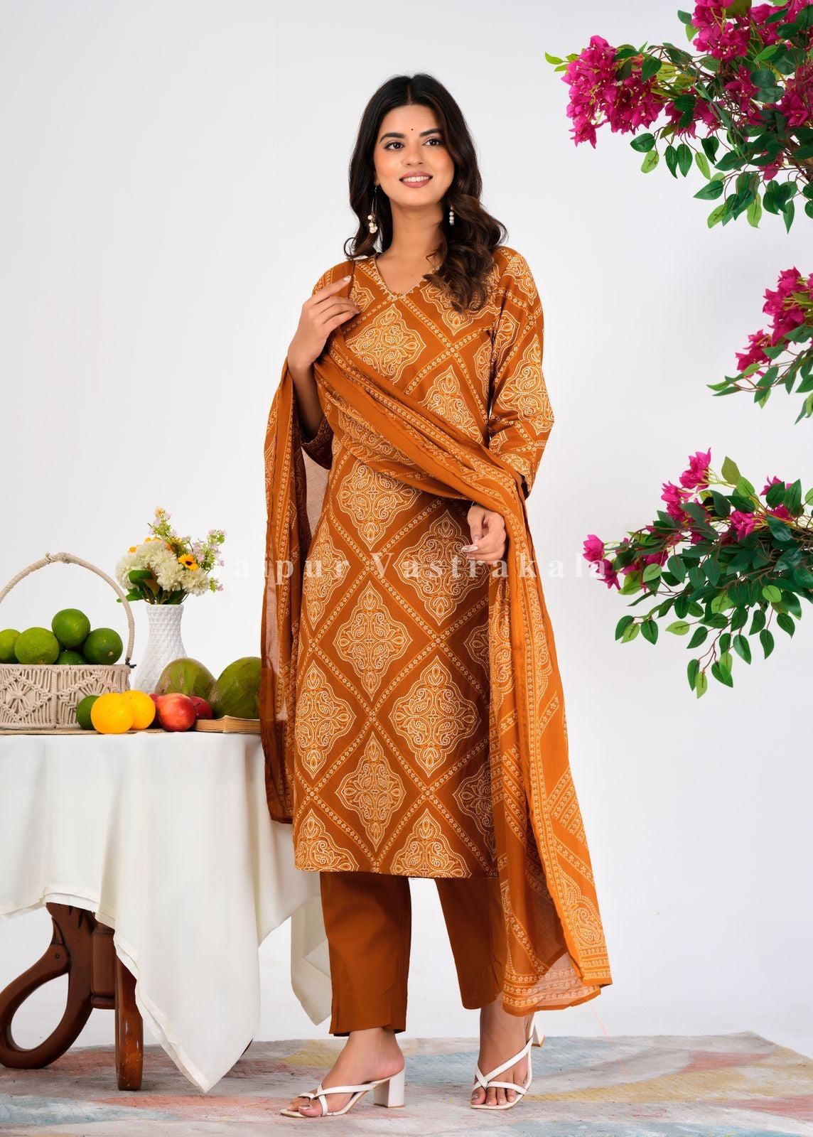 Mustard Bandhej Fusion Cotton Dupatta Set