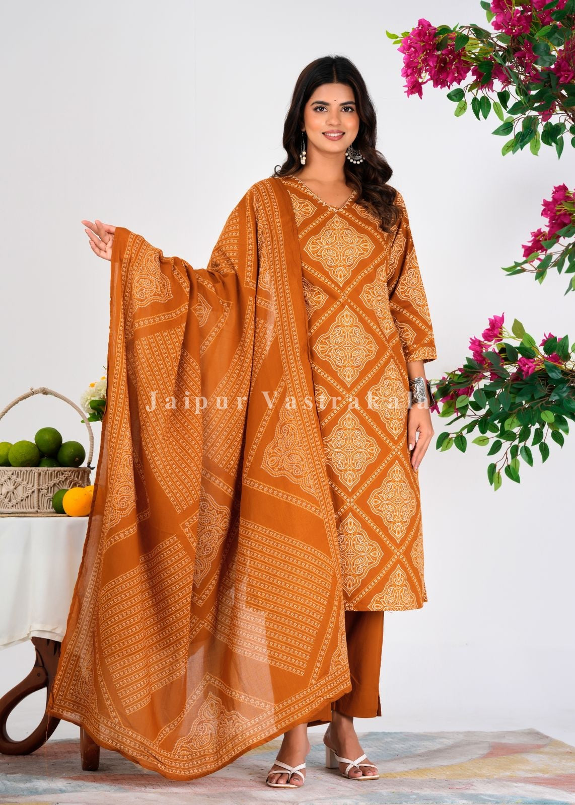 Mustard Bandhej Fusion Cotton Dupatta Set