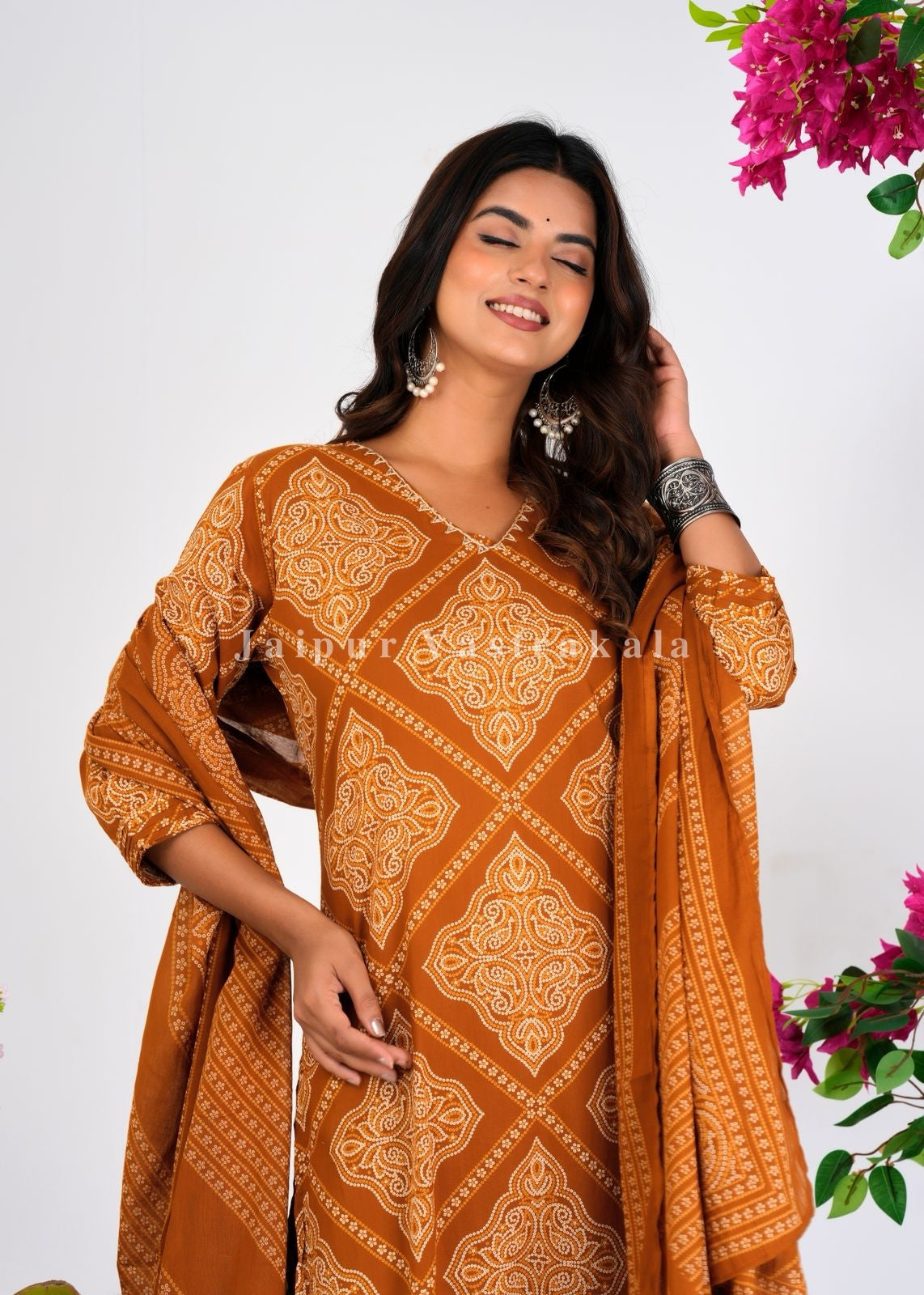 Mustard Bandhej Fusion Cotton Dupatta Set
