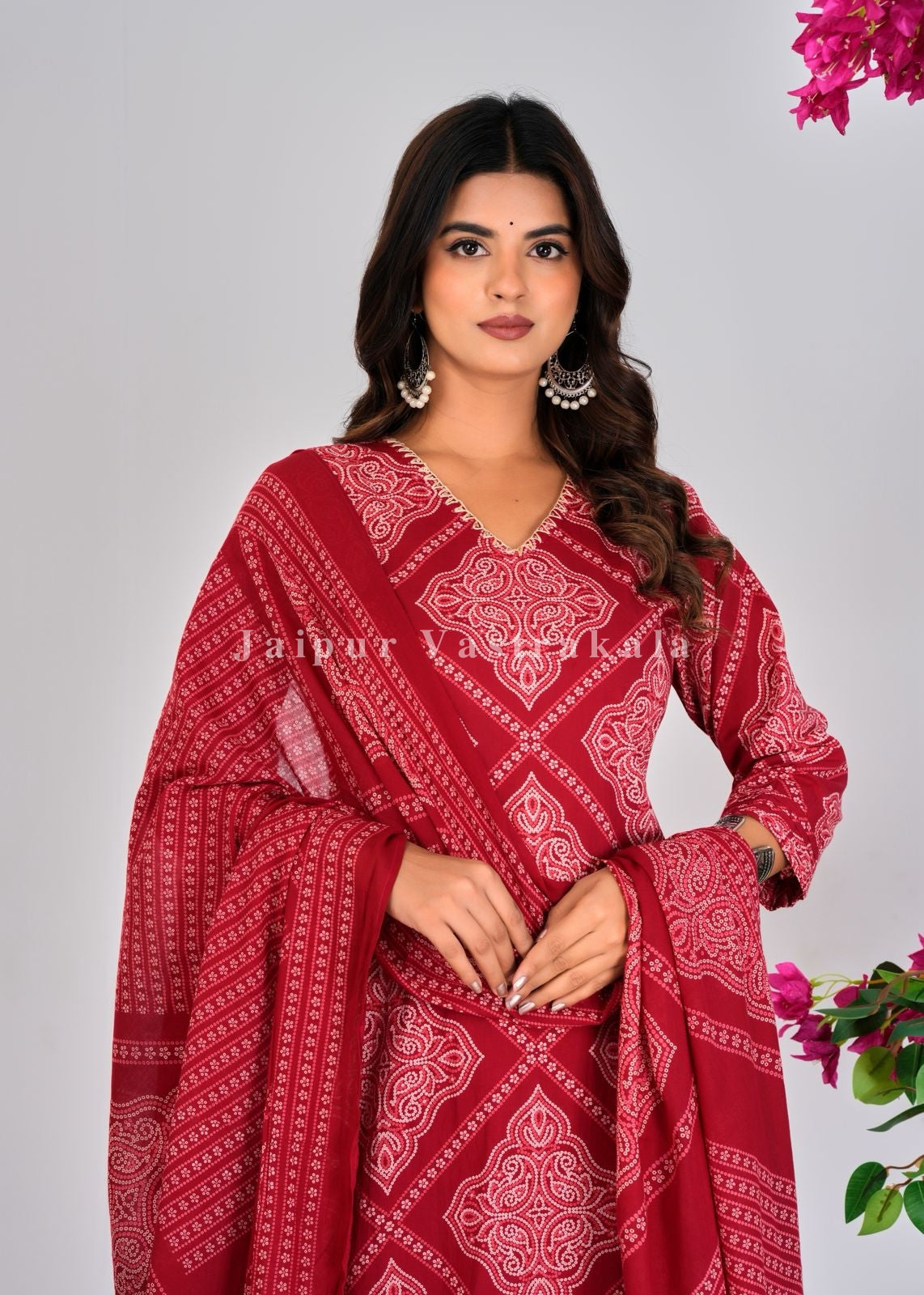 Red Bandhej Fusion Cotton Dupatta Set