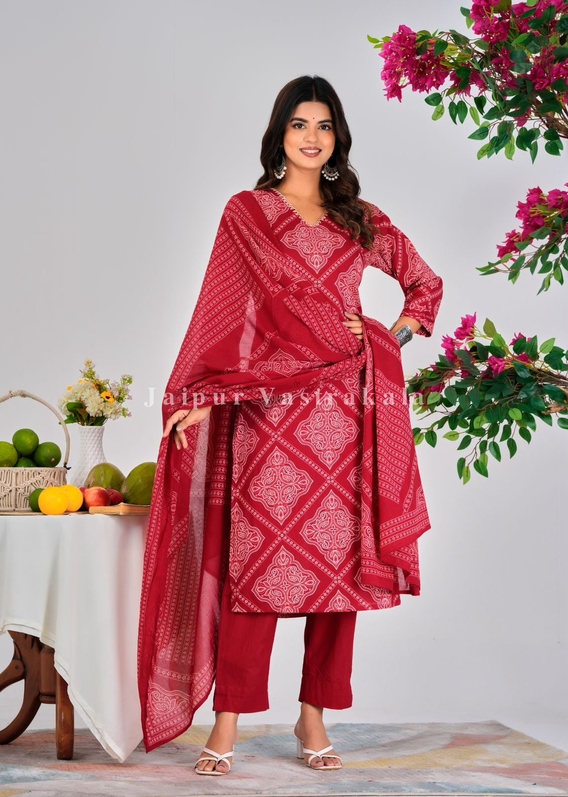 Red Bandhej Fusion Cotton Dupatta Set