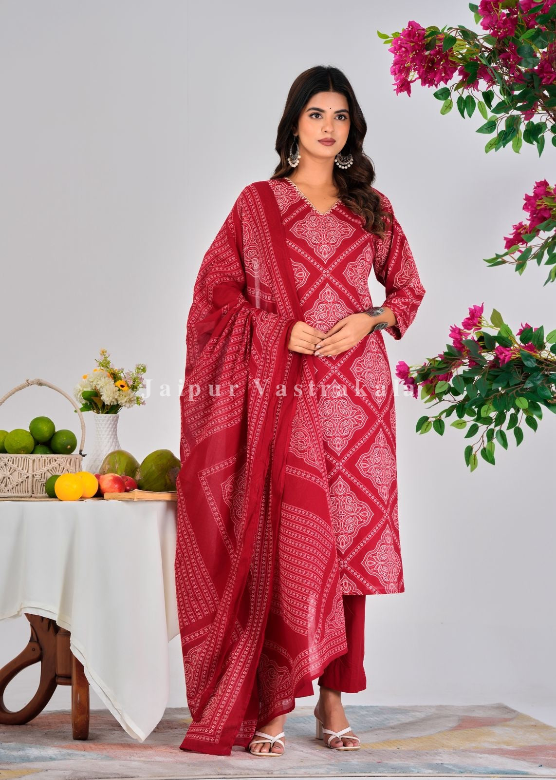 Red Bandhej Fusion Cotton Dupatta Set