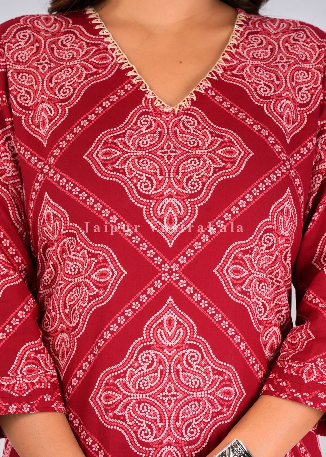 Red Bandhej Fusion Cotton Dupatta Set