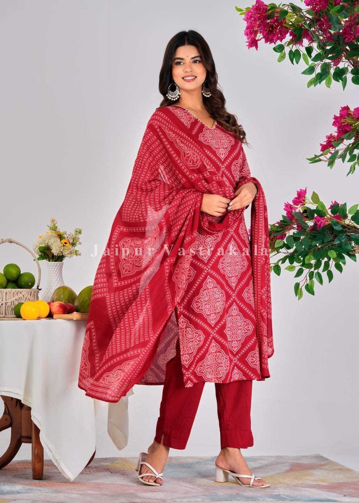 Red Bandhej Fusion Cotton Dupatta Set