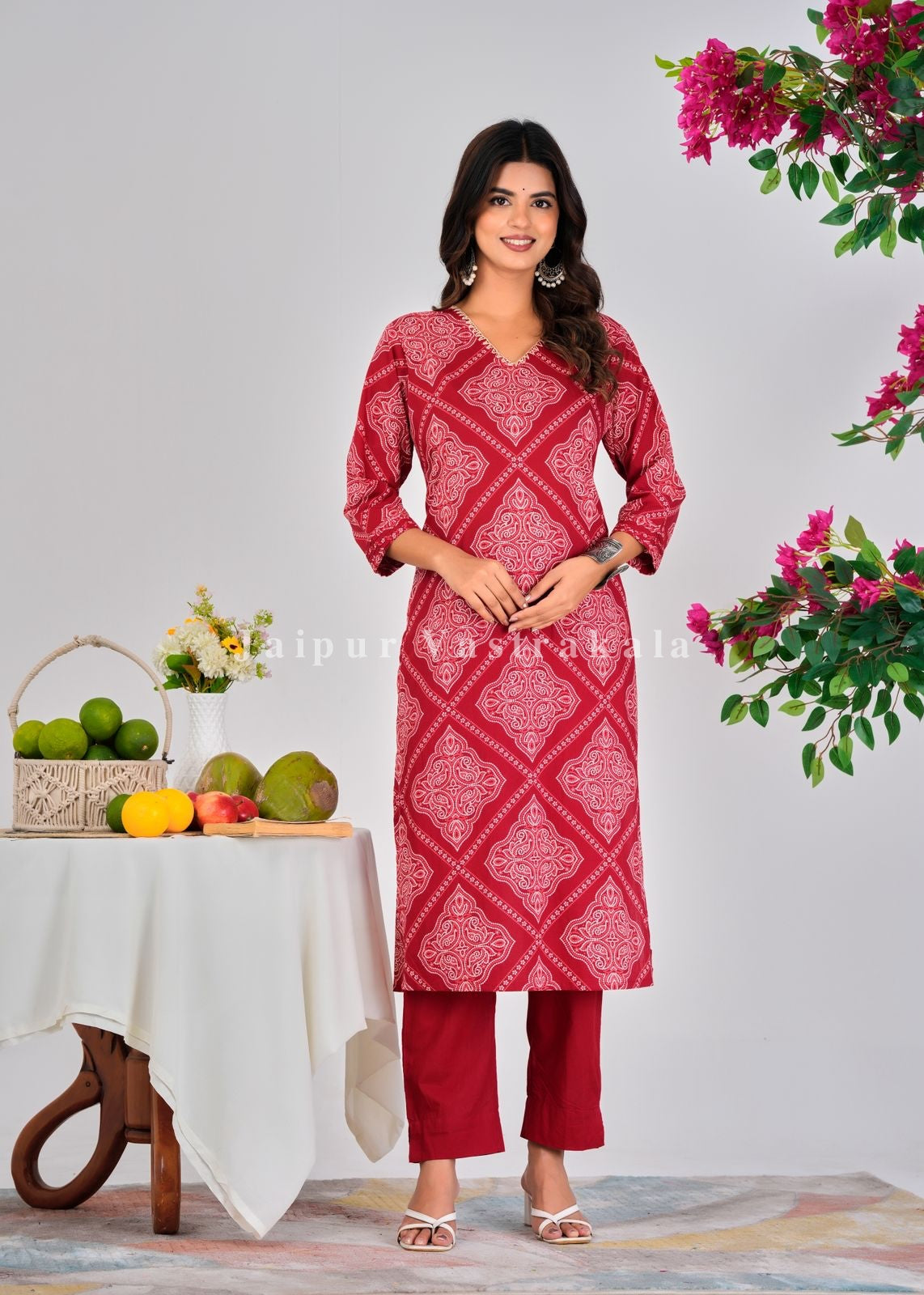 Red Bandhej Fusion Cotton Dupatta Set