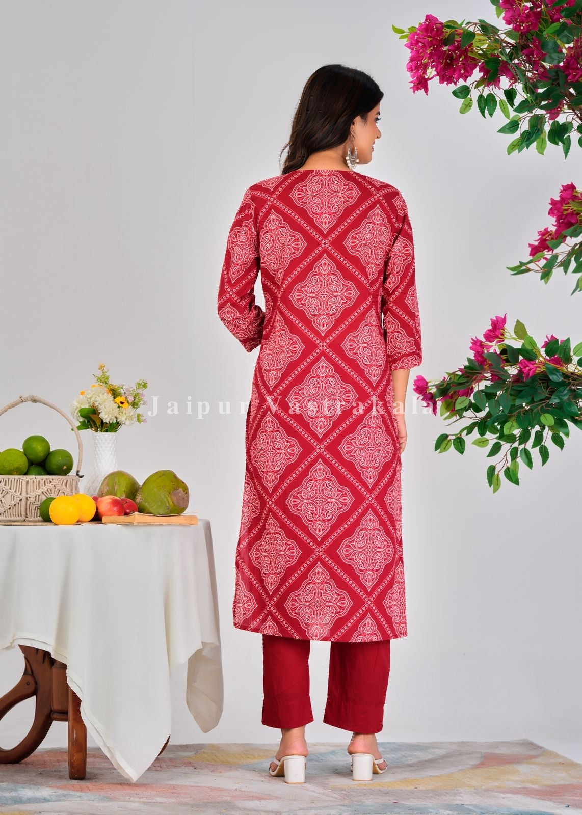 Red Bandhej Fusion Cotton Dupatta Set