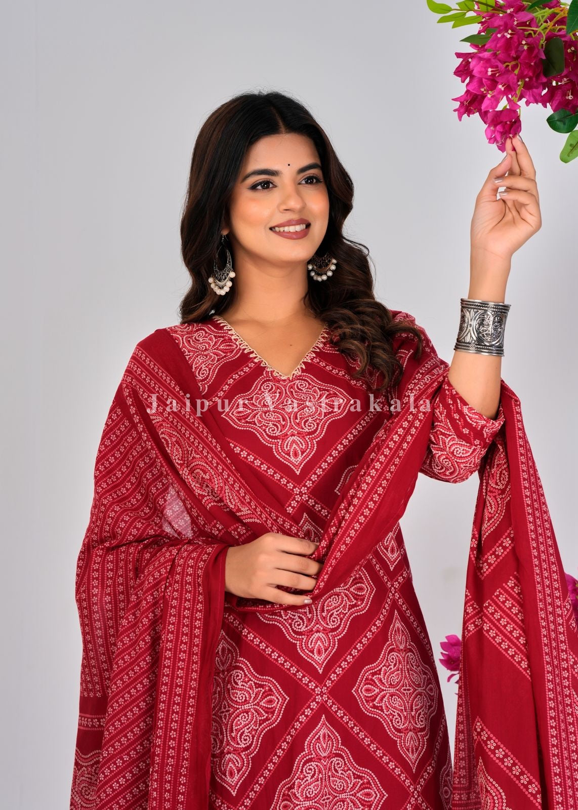 Red Bandhej Fusion Cotton Dupatta Set