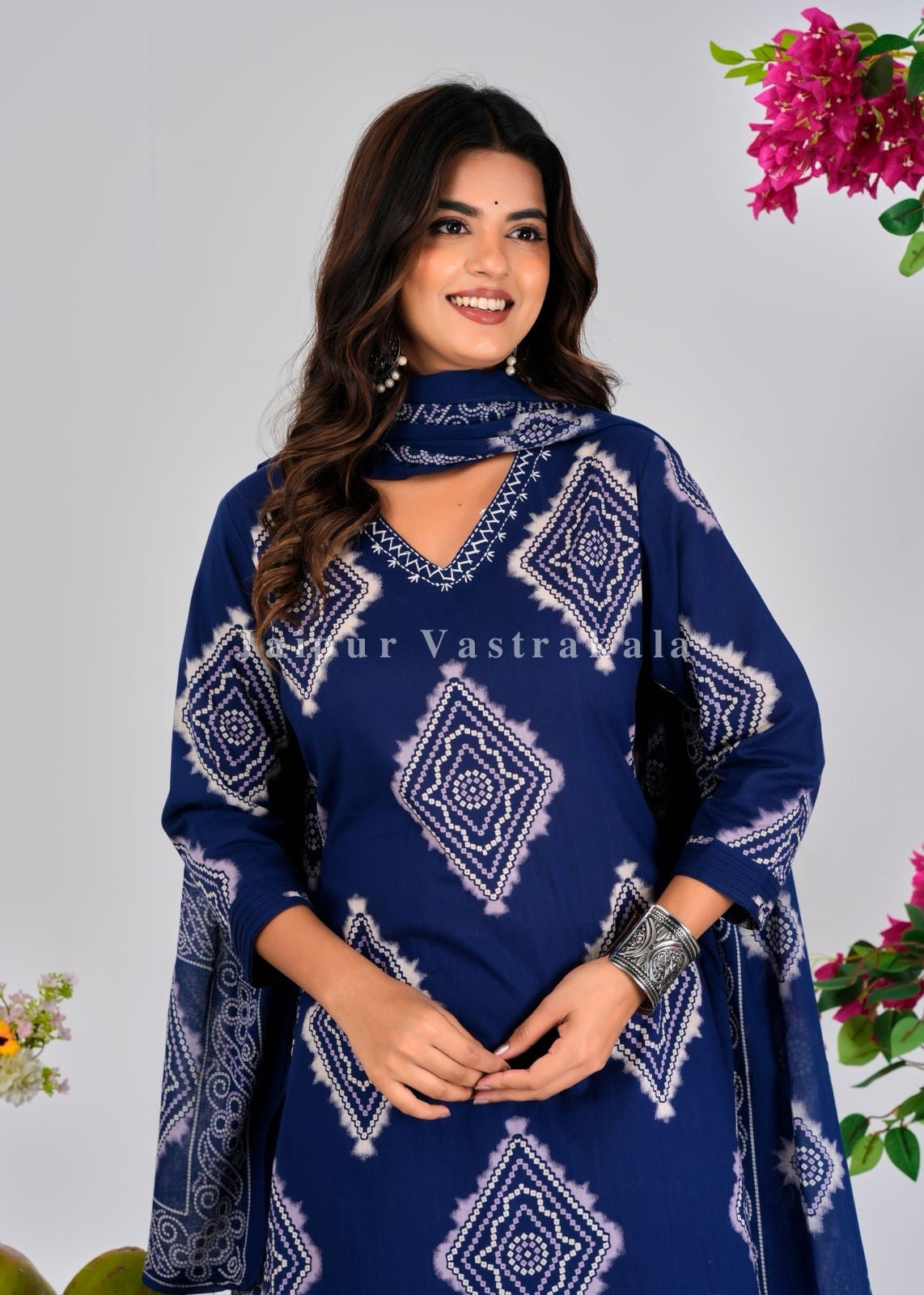 Blue Bandhej Tile Cotton Dupatta Set
