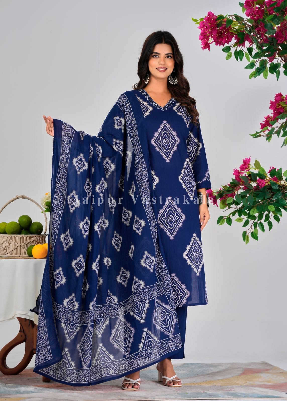Blue Bandhej Tile Cotton Dupatta Set