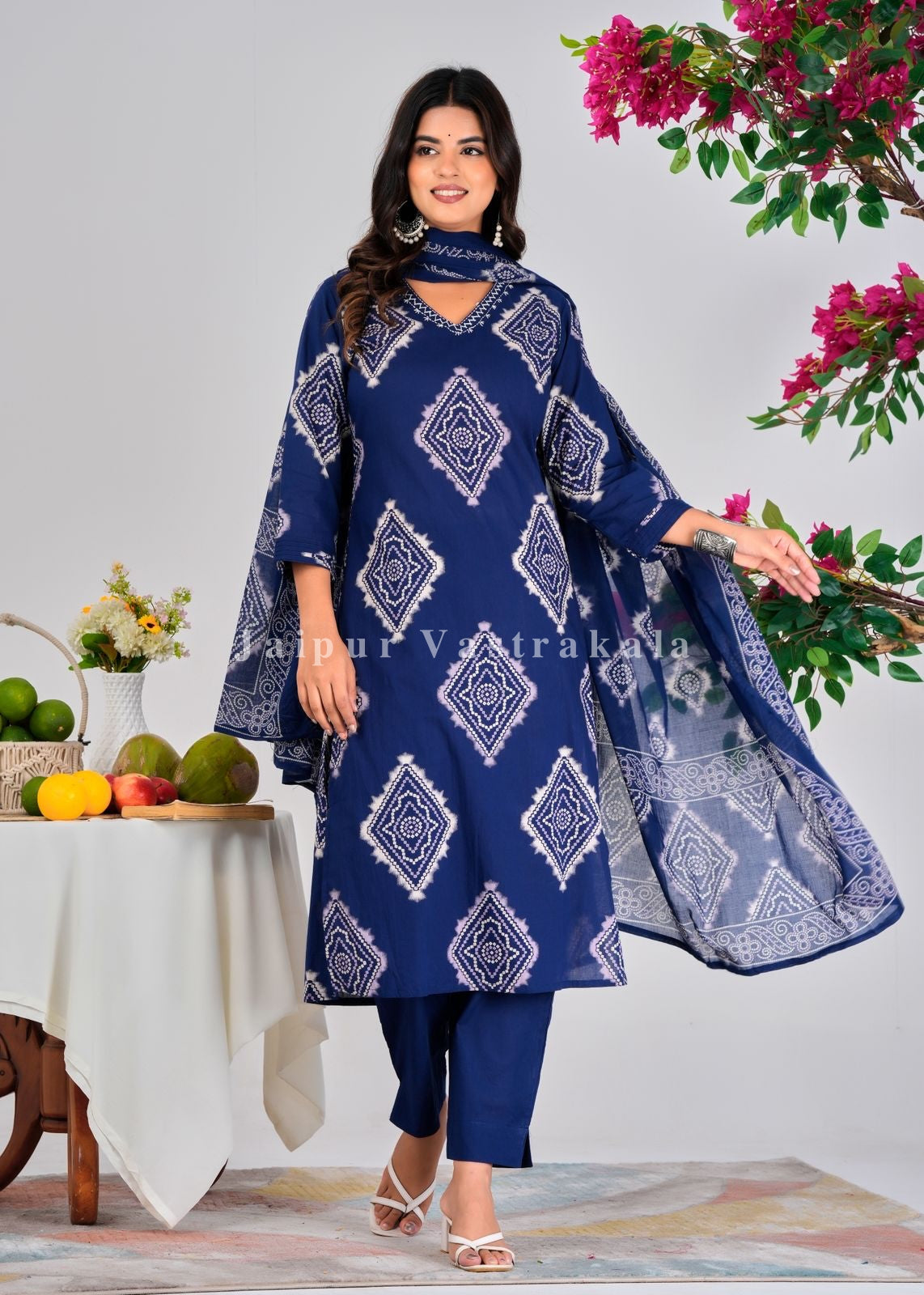 Blue Bandhej Tile Cotton Dupatta Set