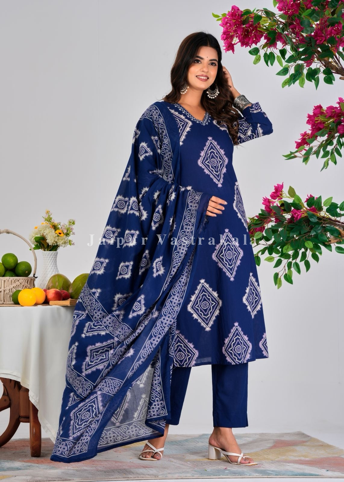 Blue Bandhej Tile Cotton Dupatta Set