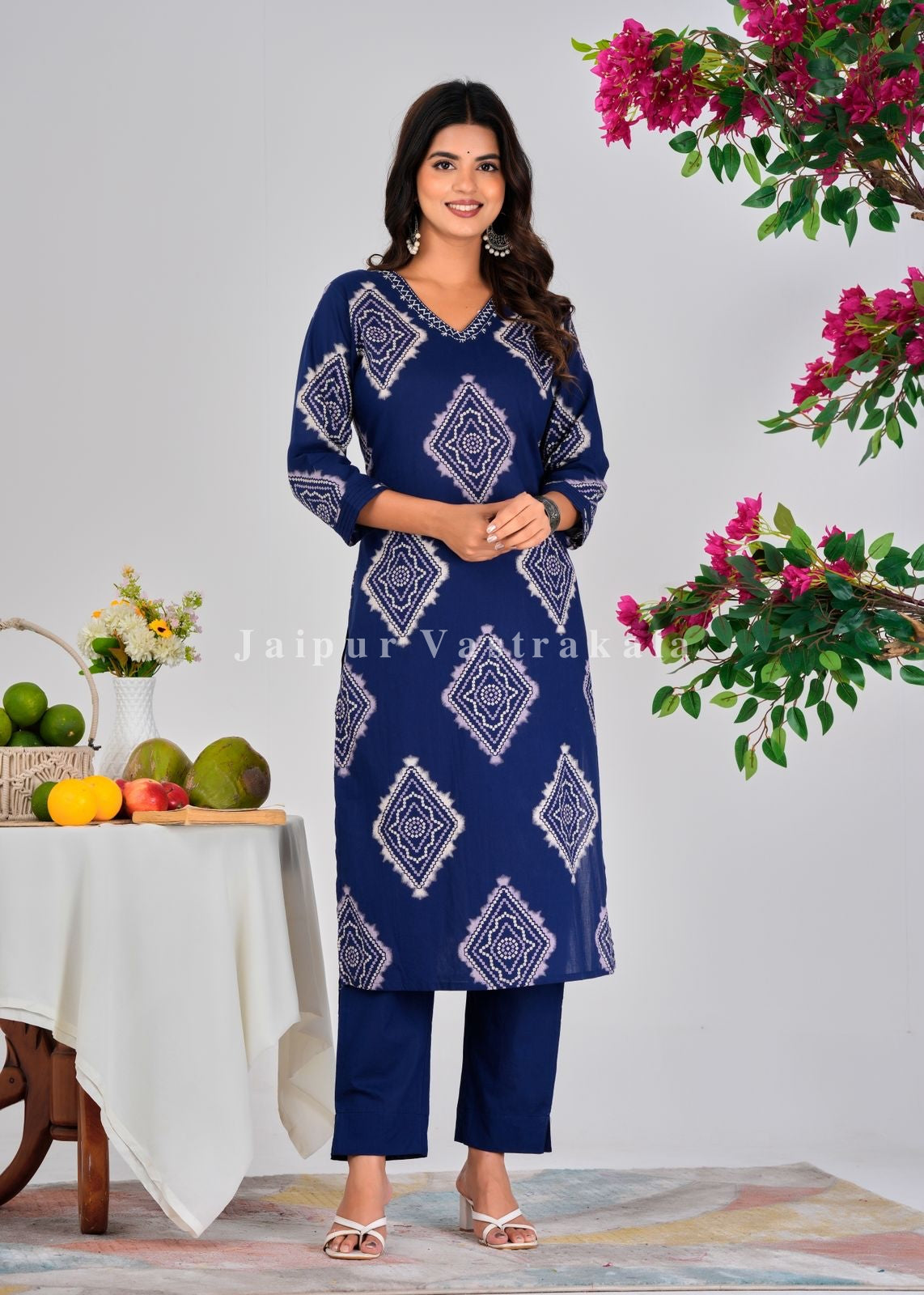 Blue Bandhej Tile Cotton Dupatta Set