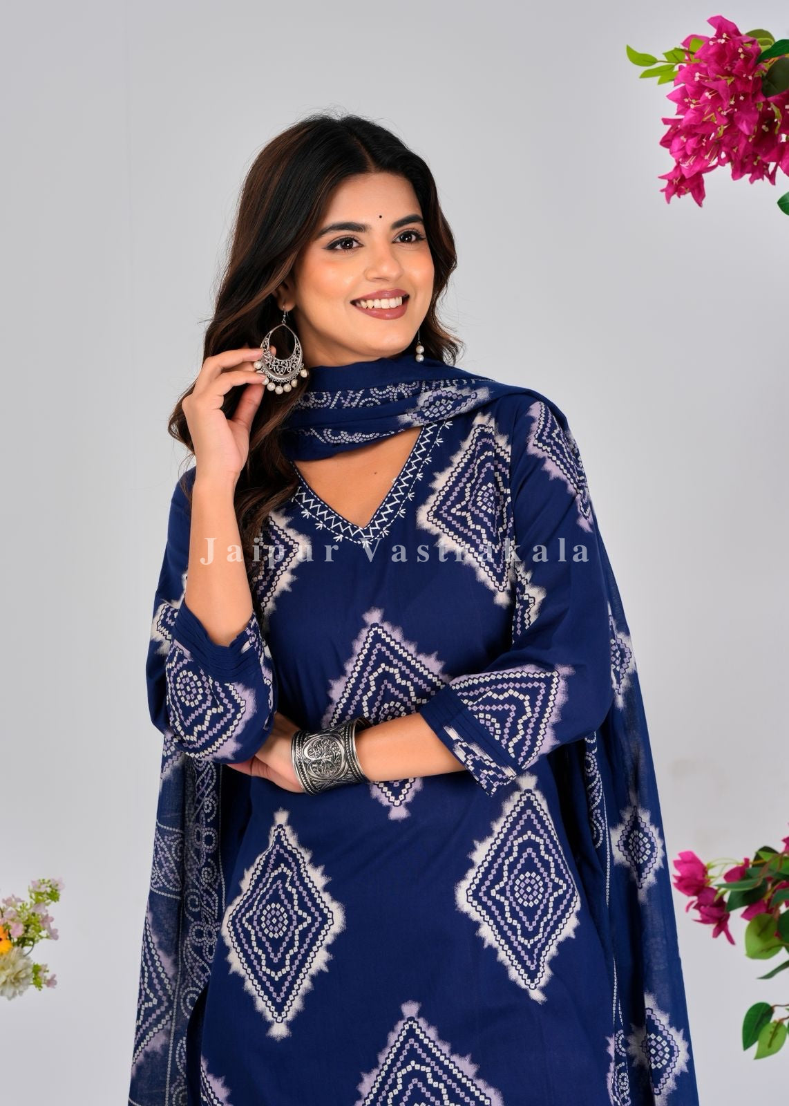 Blue Bandhej Tile Cotton Dupatta Set
