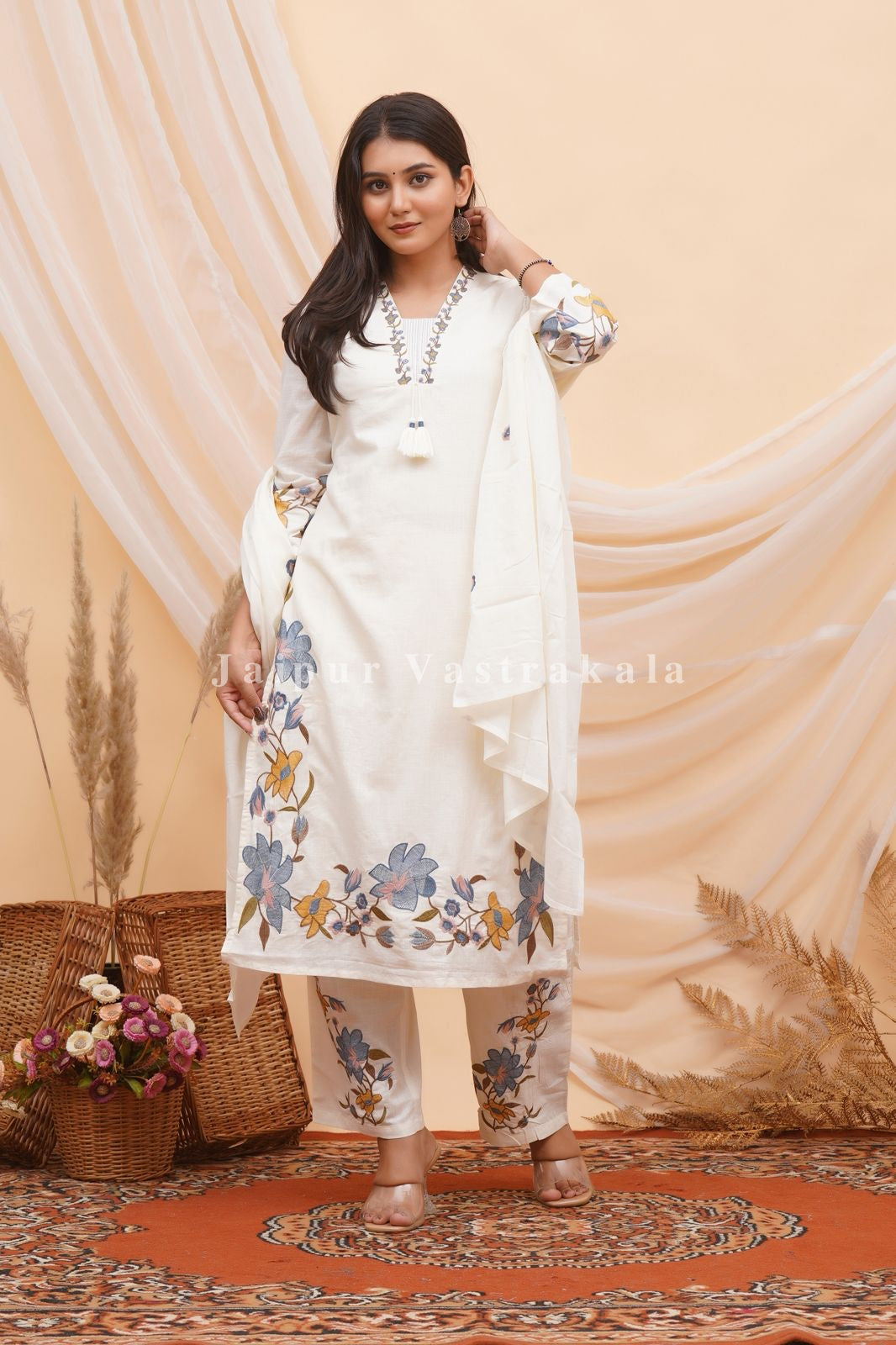 Blue Dobby Floral Embroidery Cotton Dupatta Set