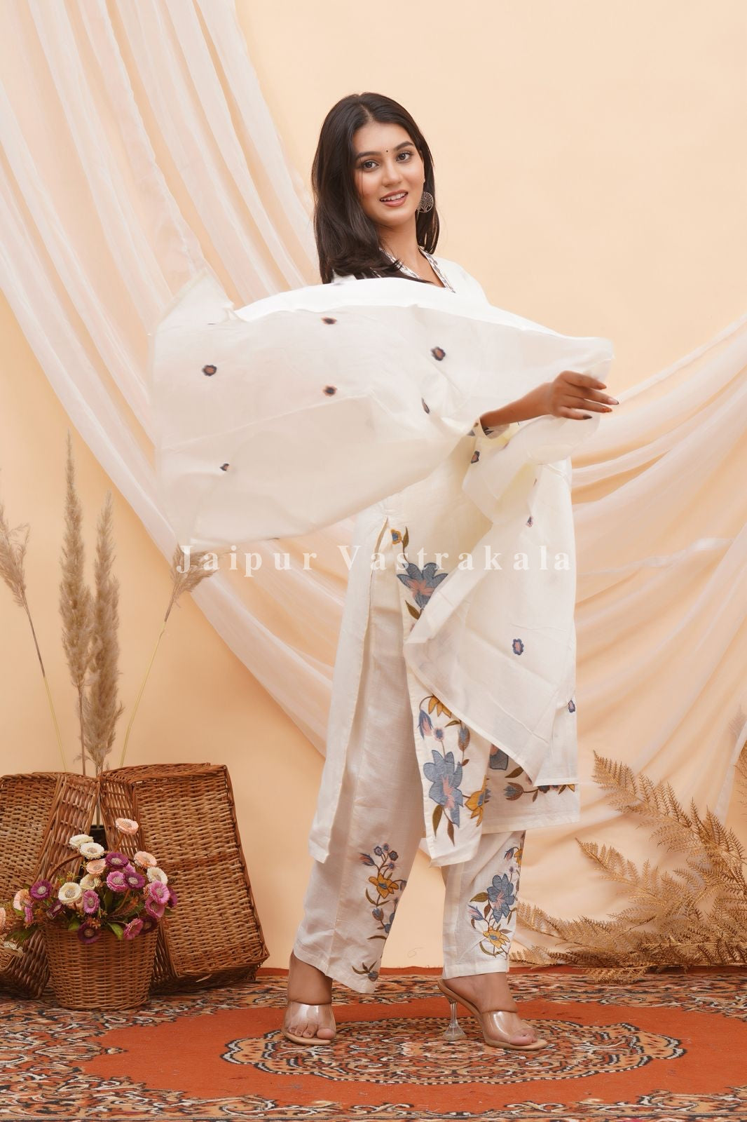 Blue Dobby Floral Embroidery Cotton Dupatta Set