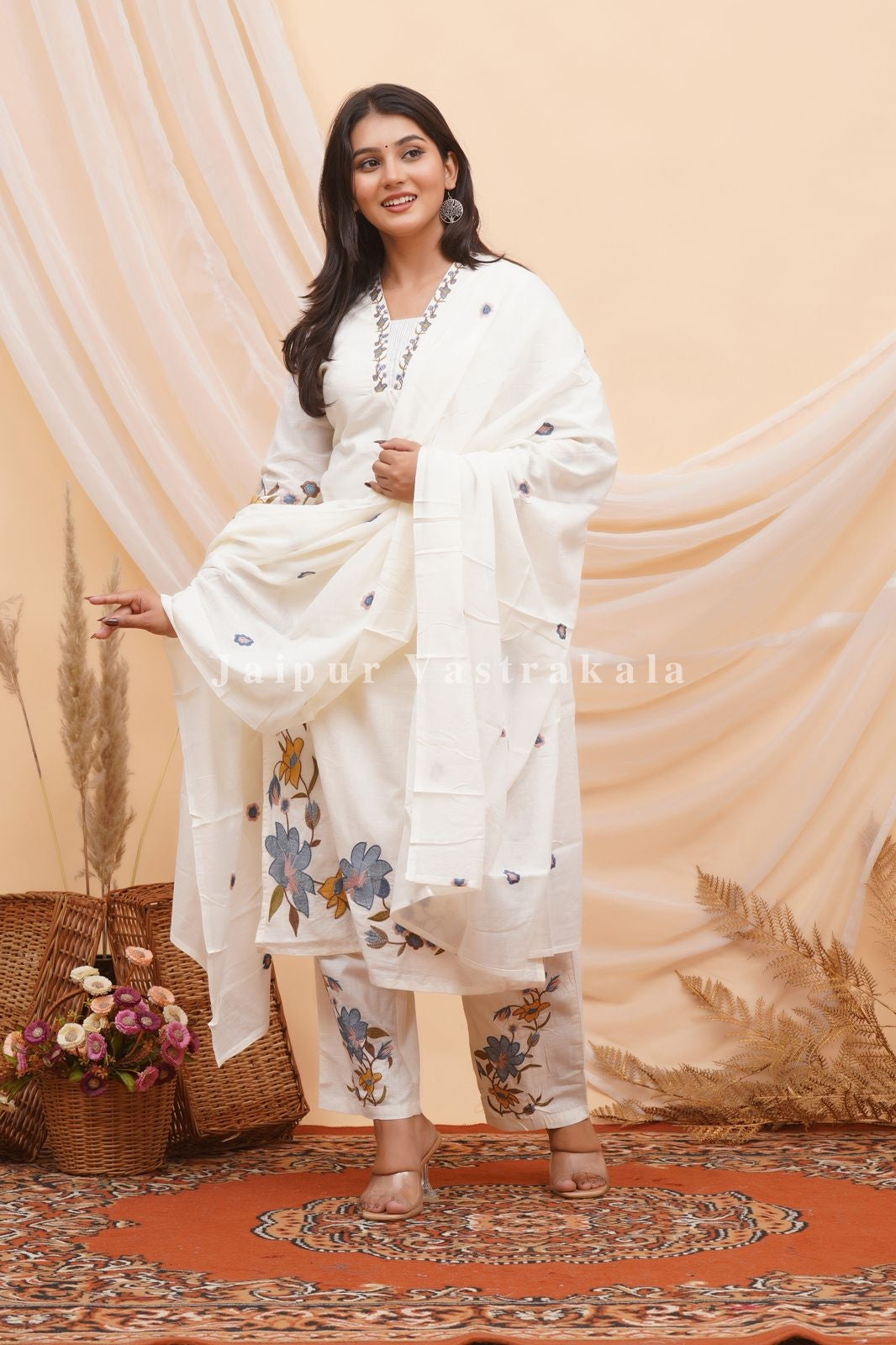Blue Dobby Floral Embroidery Cotton Dupatta Set