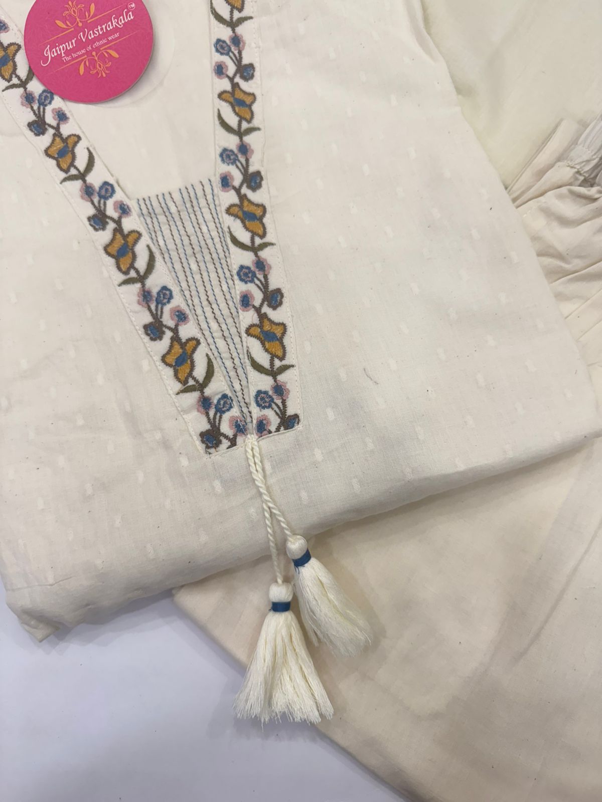 Blue Dobby Floral Embroidery Cotton Dupatta Set