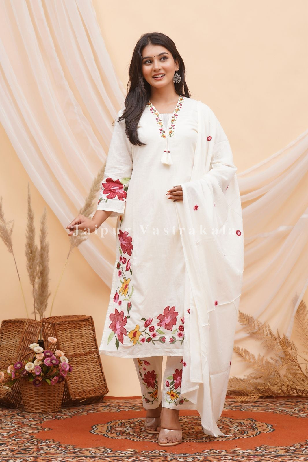 Red Dobby Floral Embroidery Cotton Dupatta Set