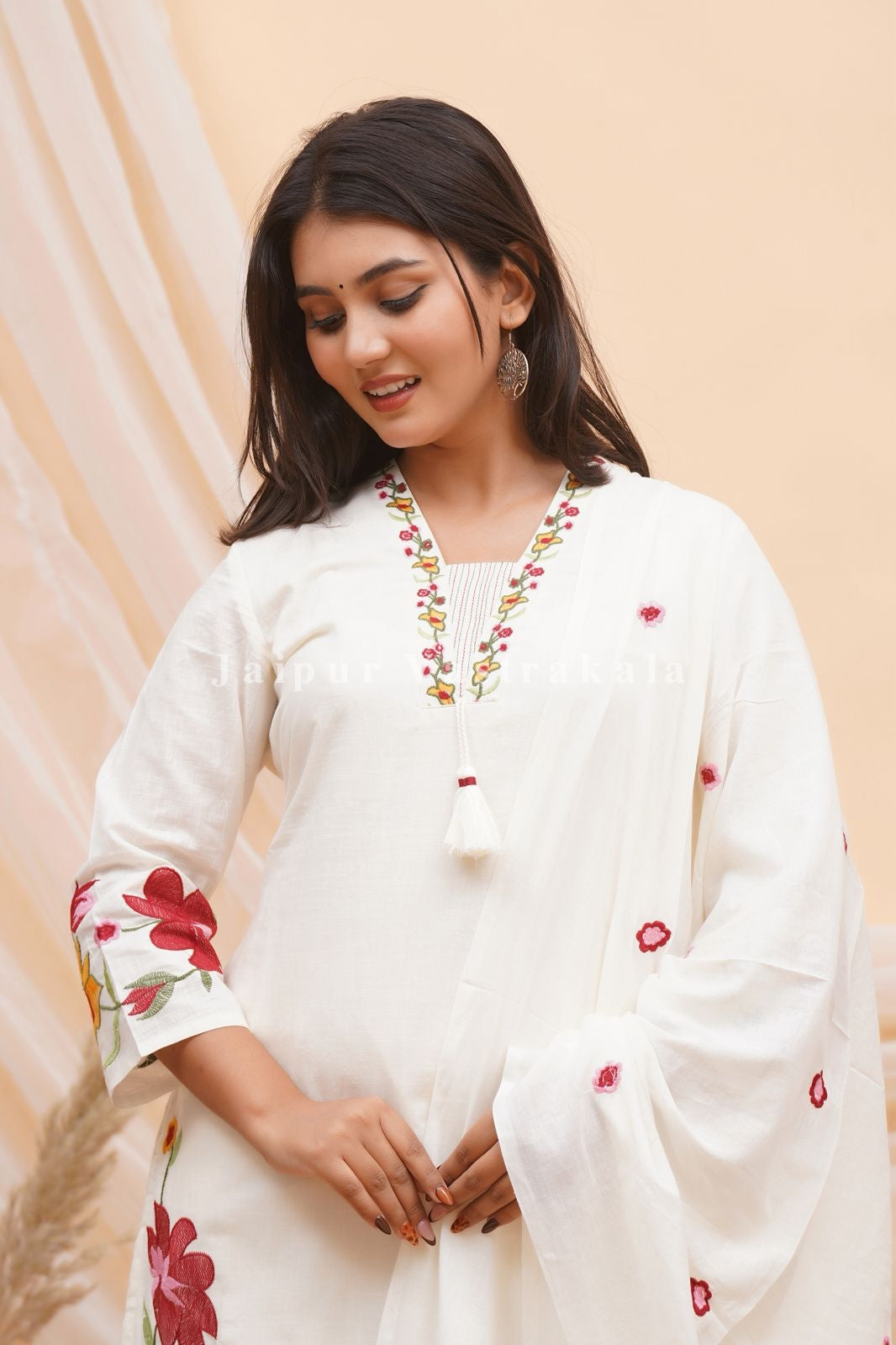 Red Dobby Floral Embroidery Cotton Dupatta Set