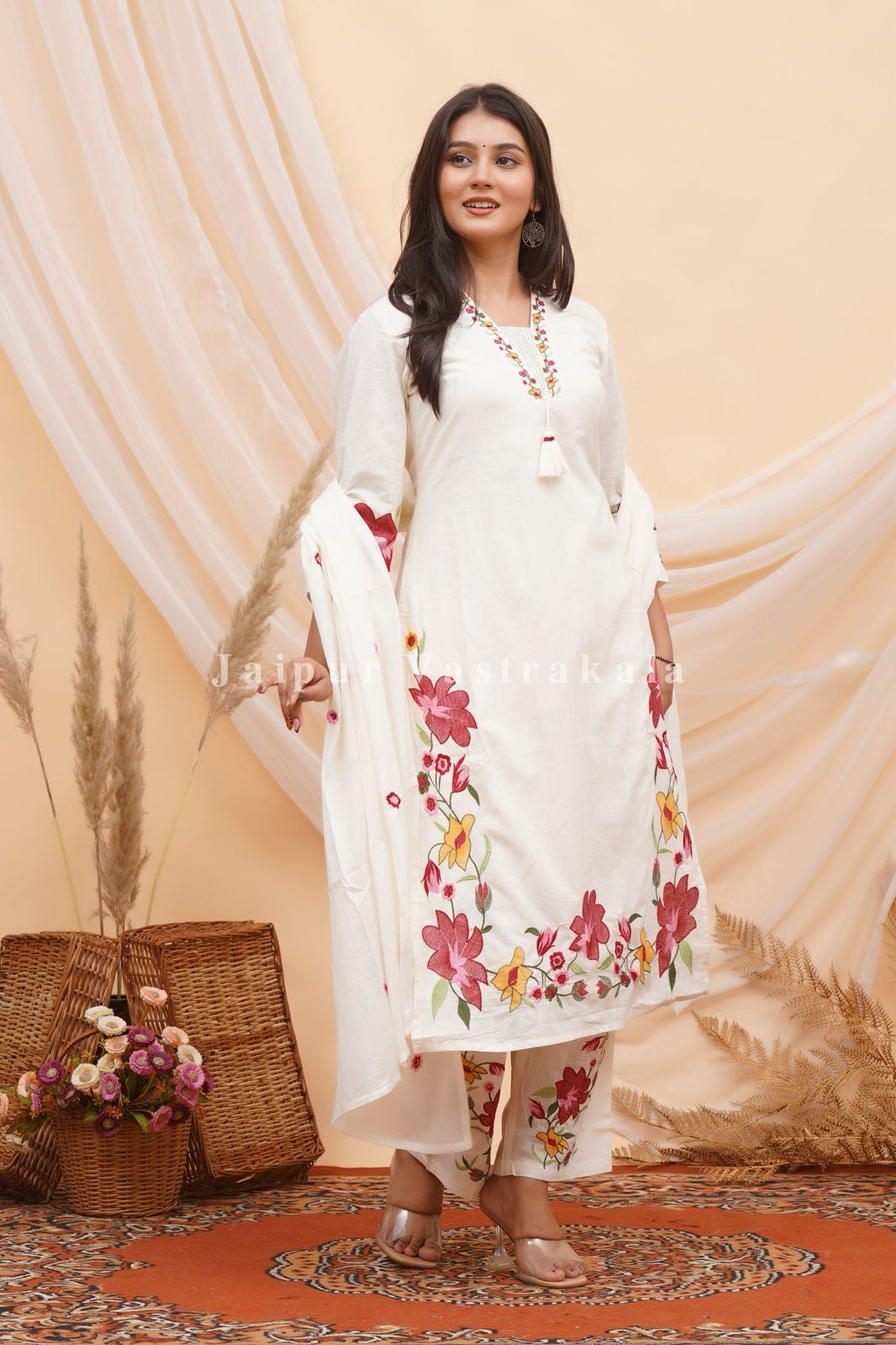Red Dobby Floral Embroidery Cotton Dupatta Set