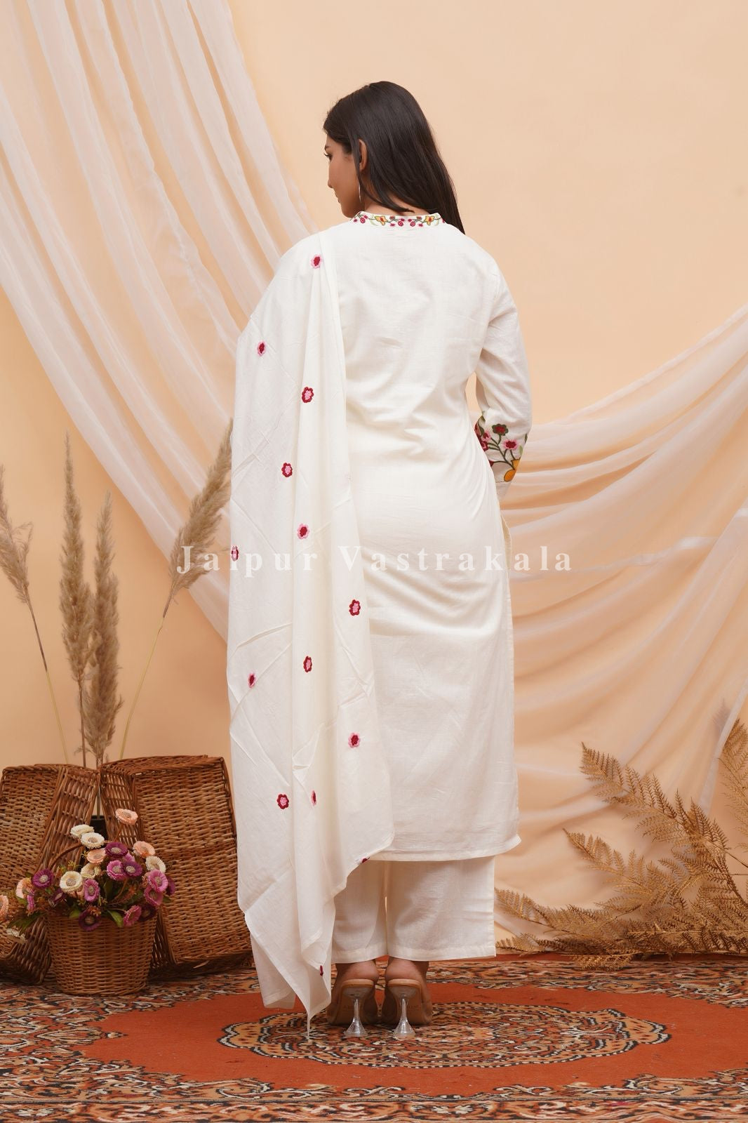 Red Dobby Floral Embroidery Cotton Dupatta Set