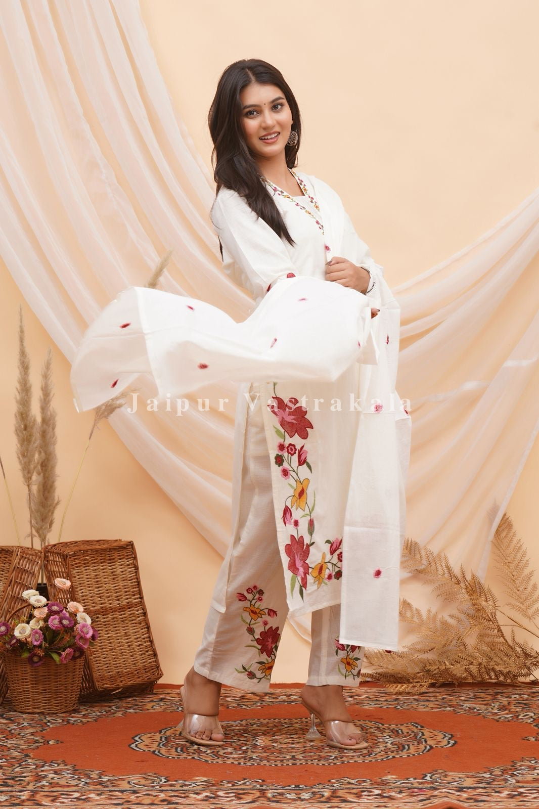 Red Dobby Floral Embroidery Cotton Dupatta Set