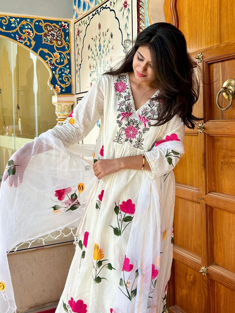 White Blush Canvas Cotton Anarkali Suit