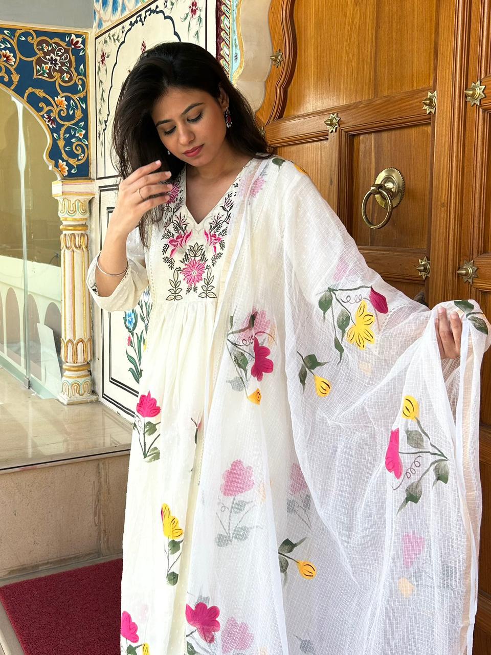 White Blush Canvas Cotton Anarkali Suit