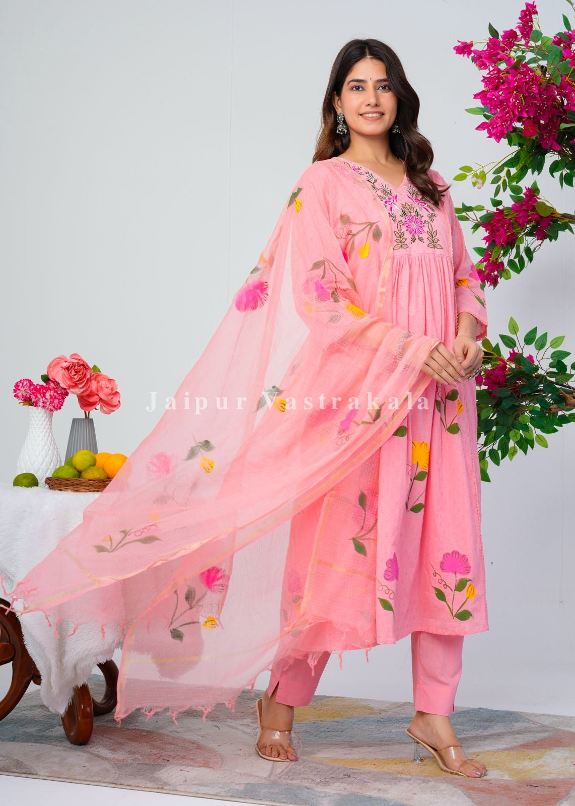 Peach Pink Canvas Cotton Anarkali Suit