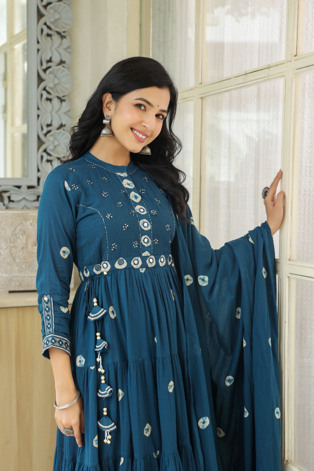 Teal Blue Fusion Mul Cotton Anarkali Suit