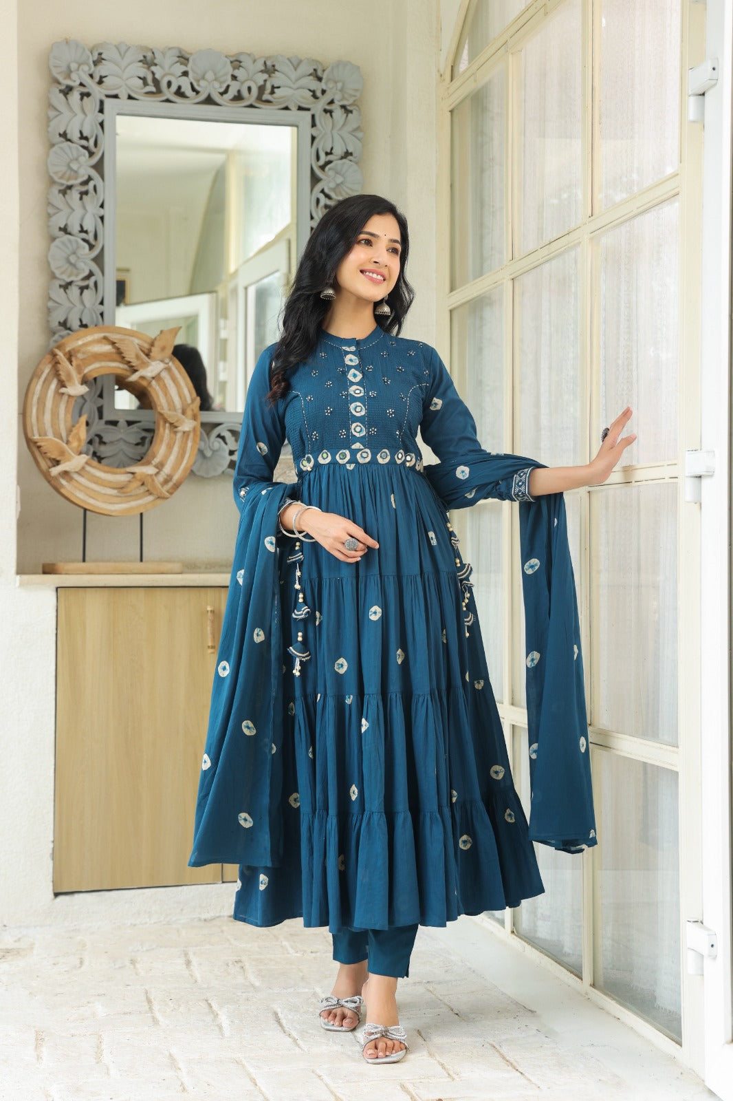 Teal Blue Fusion Mul Cotton Anarkali Suit