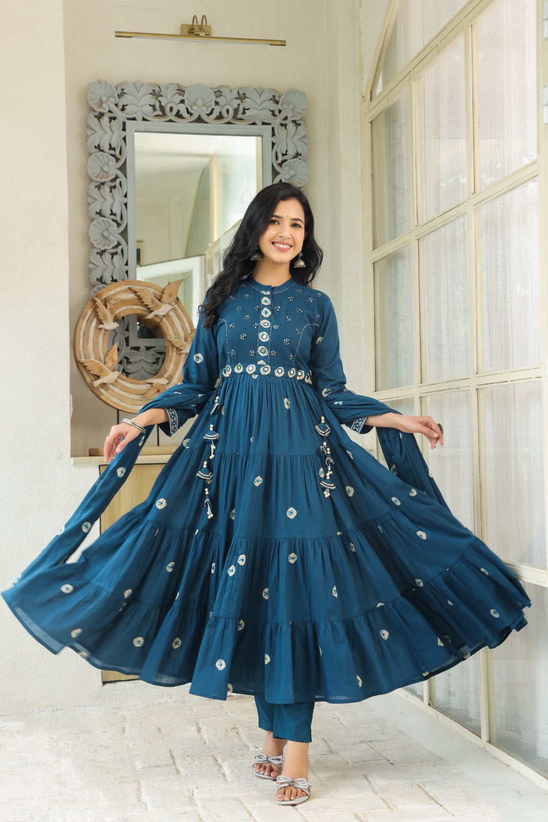 Teal Blue Fusion Mul Cotton Anarkali Suit