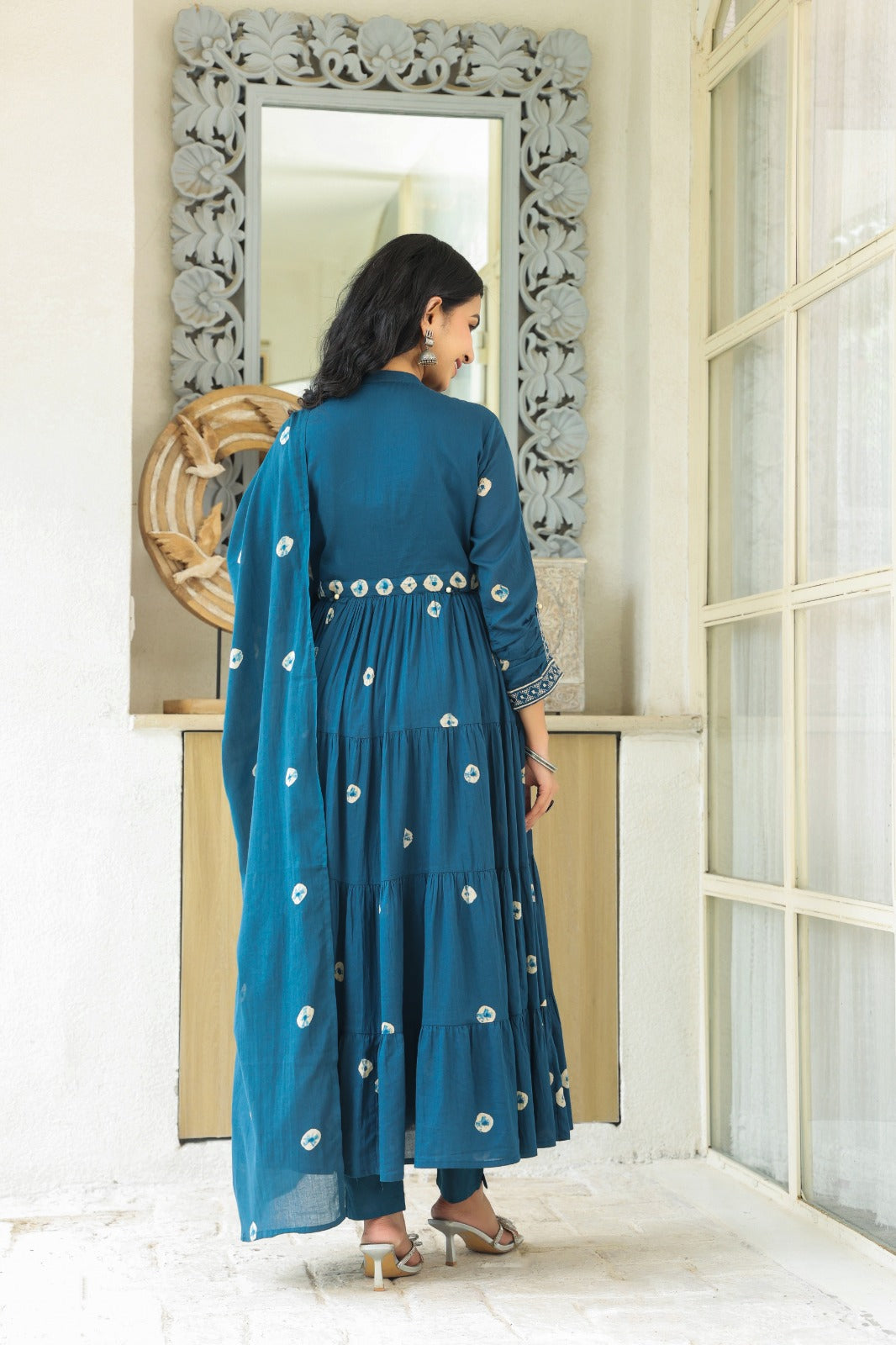 Teal Blue Fusion Mul Cotton Anarkali Suit