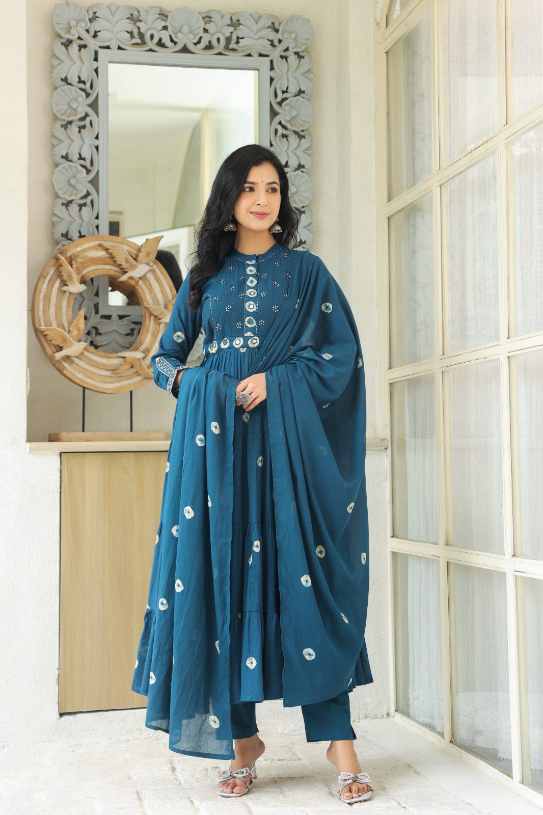 Teal Blue Fusion Mul Cotton Anarkali Suit