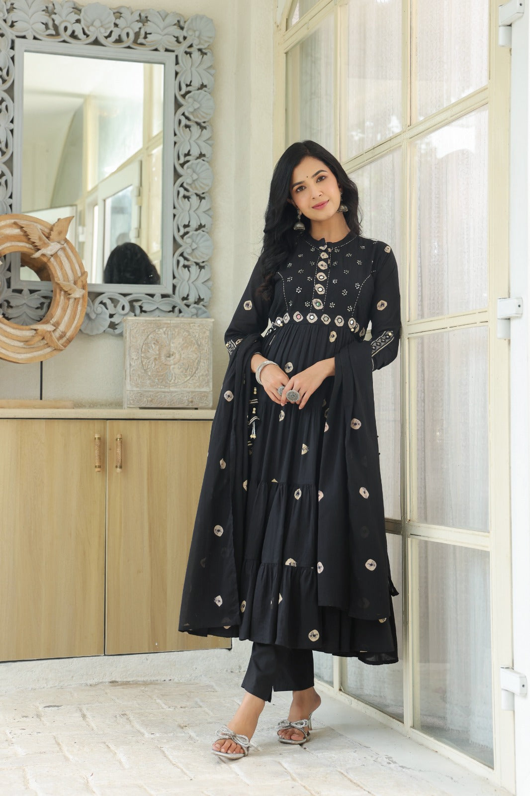Black Fusion Mul Cotton Anarkali Suit
