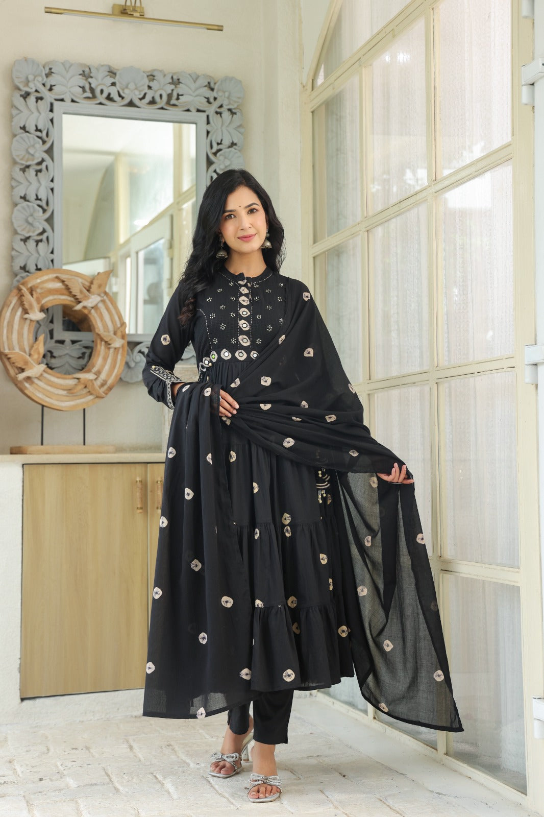 Black Fusion Mul Cotton Anarkali Suit