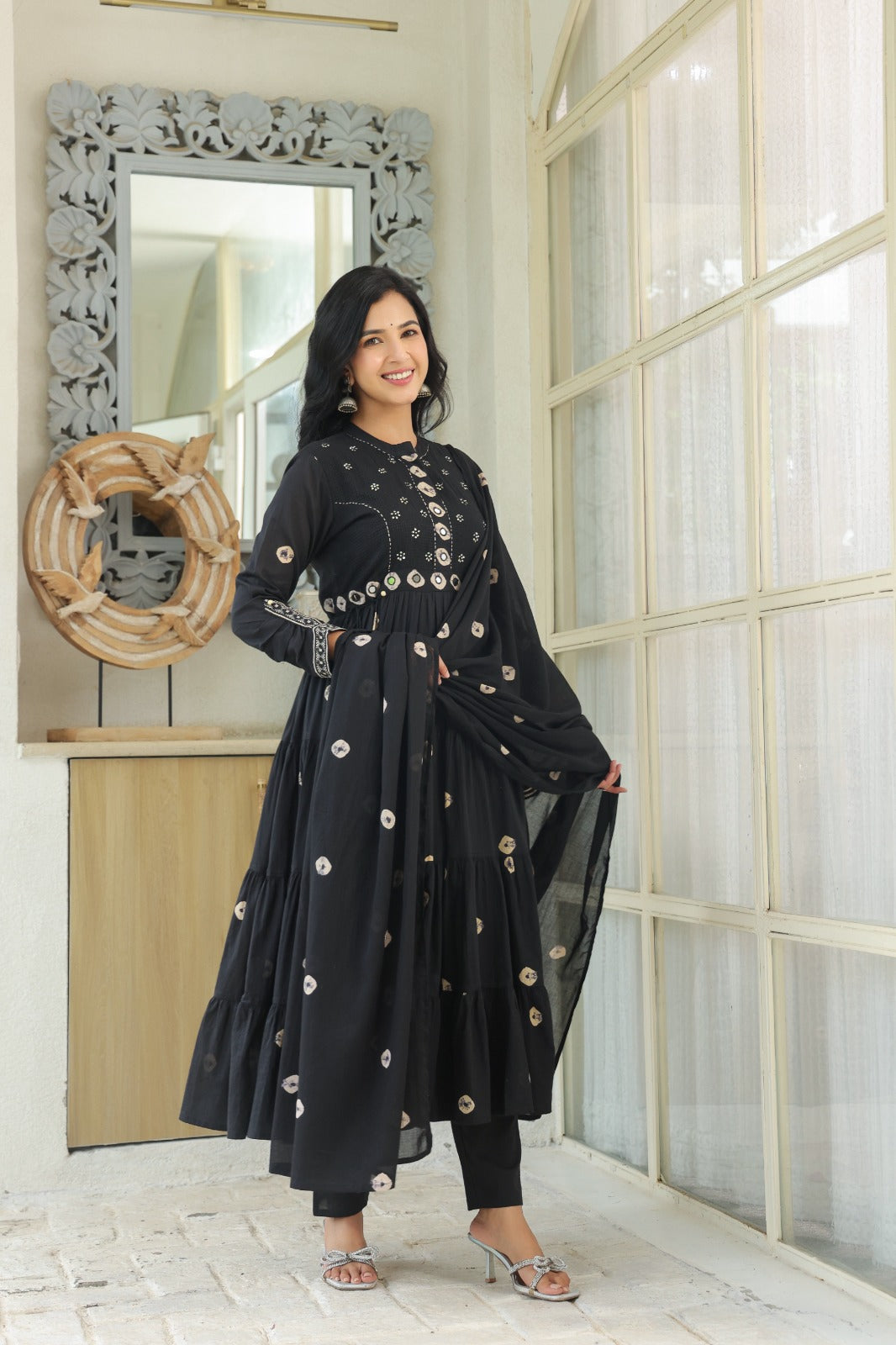 Black Fusion Mul Cotton Anarkali Suit