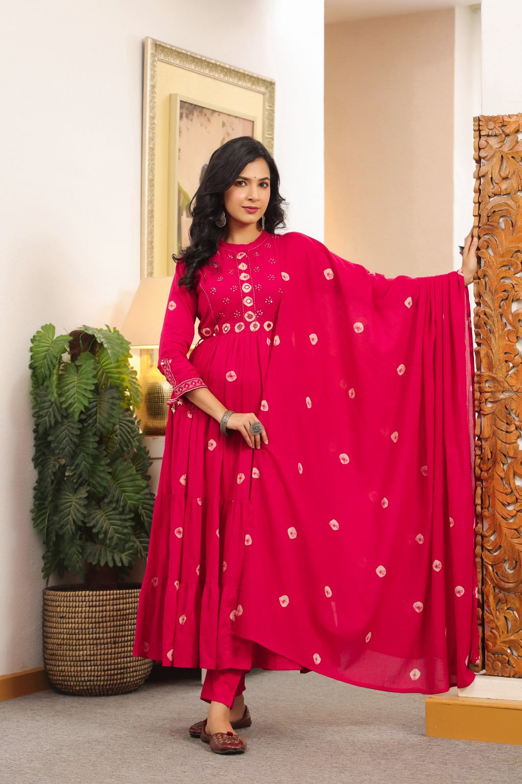 Rani Pink Fusion Mul Cotton Anarkali Suit