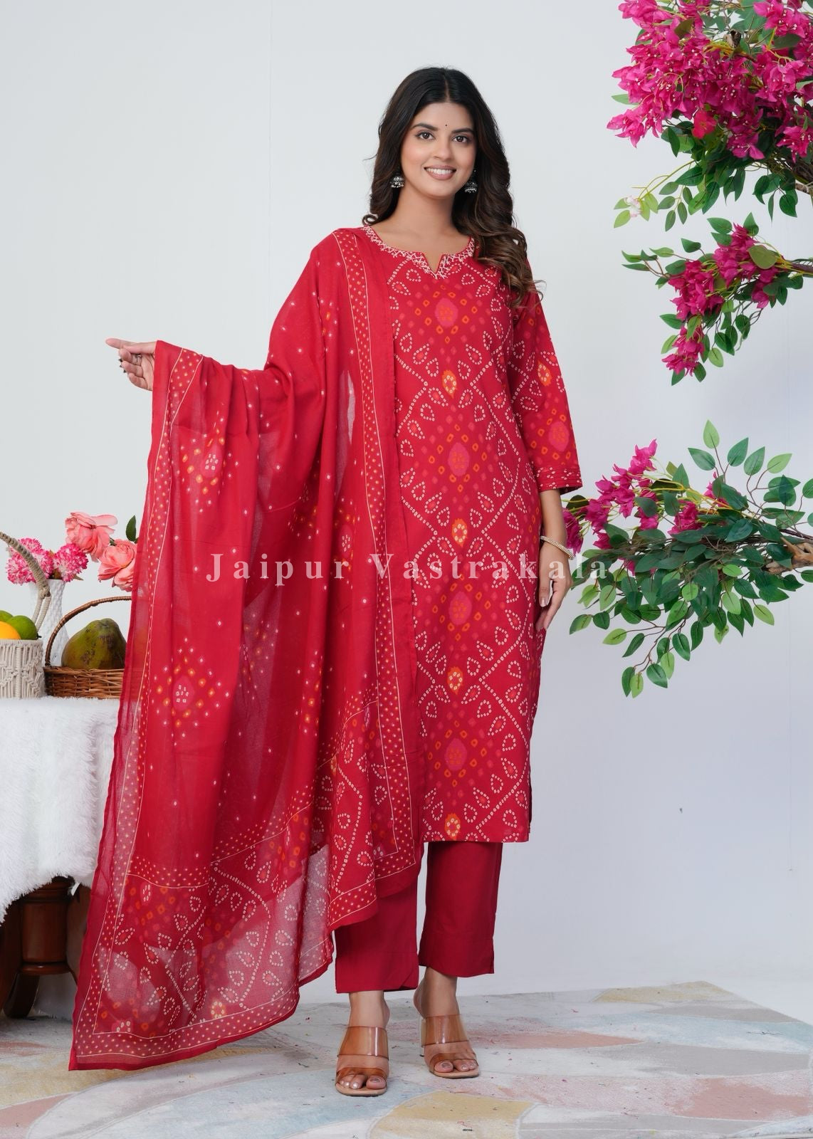 Red Bandhani Grace Cotton Dupatta Set