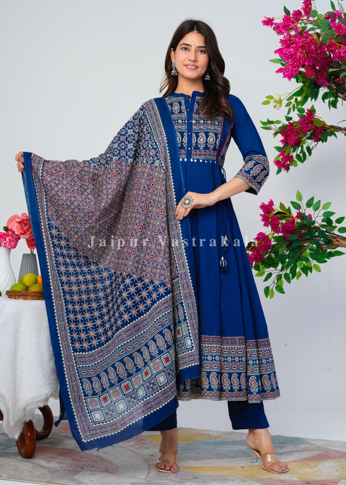 Blue Ajrakh Highlights Cotton Anarkali Suit