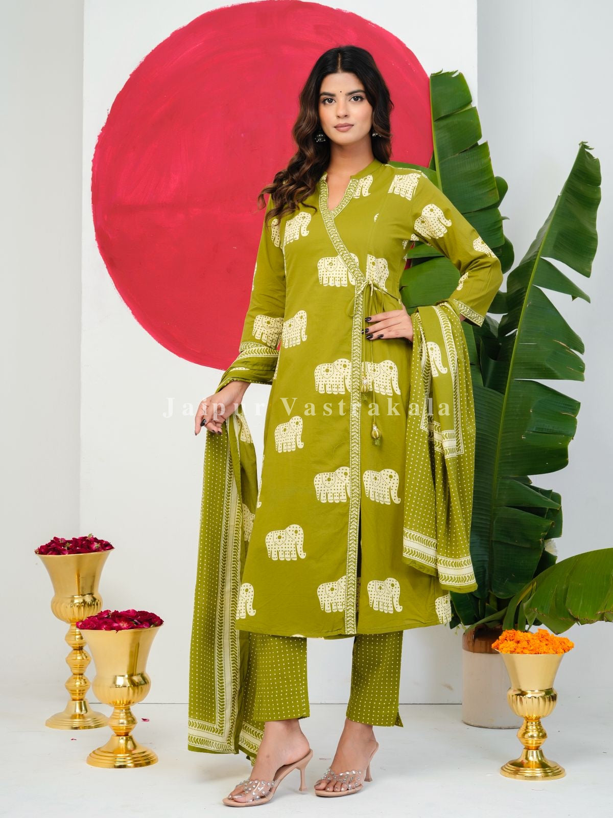 Green Elephant Angrakha Cotton Dupatta Set